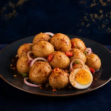 Awara haoussa dorée servie avec œuf et condiments.